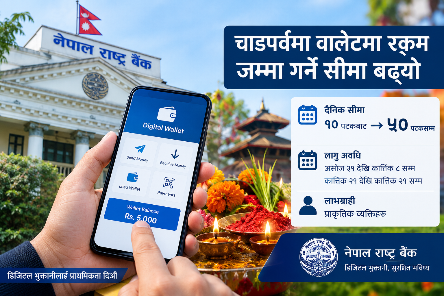 चाडपर्वमा वालेटमा रकम जम्मा गर्ने सीमा बढ्यो, दिनमा ५० पटकसम्म सकिने